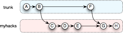 Commit graph of a long term branch merged back that has merged changes from it's parent.