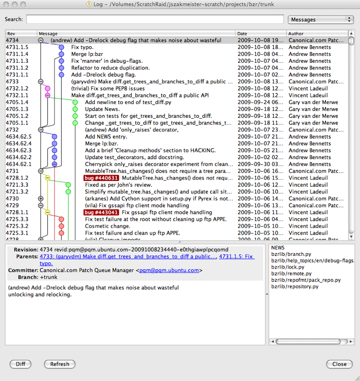 Screenshot of bzr qlog in action